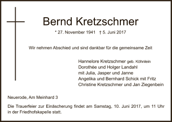 Traueranzeige von Bernd Kretzschmer von Eschwege