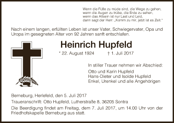 Traueranzeige von Heinrich Hupfeld von Eschwege