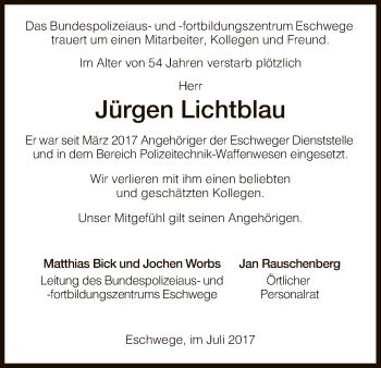 Traueranzeige von Jürgen Lichtblau von Eschwege