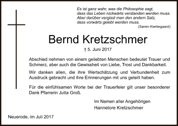 Traueranzeige von Bernd Kretzschmer von Eschwege