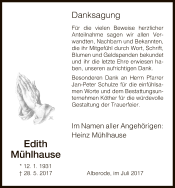 Traueranzeige von Edith Mühlhause von Eschwege