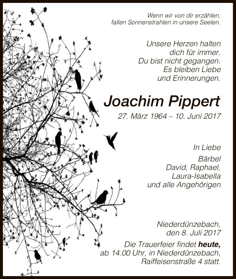  Traueranzeige für Joachim Pippert vom 08.07.2017 aus Eschwege