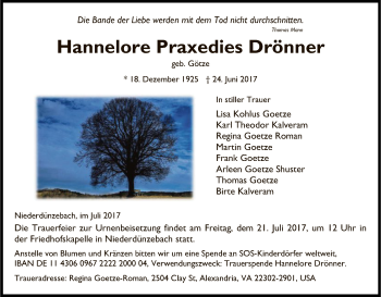 Traueranzeige von Hannelore Praxedies Drönner von Eschwege