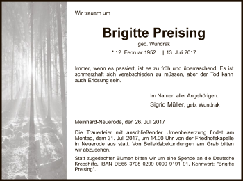 Traueranzeige von Brigitte Preising von Eschwege