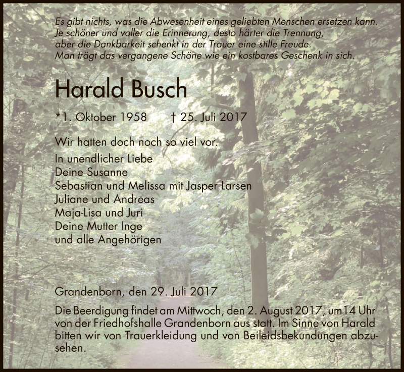  Traueranzeige für Harald Busch vom 29.07.2017 aus Eschwege