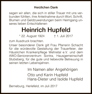 Traueranzeige von Heinrich Hupfeld von Eschwege