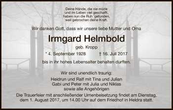 Traueranzeige von Irmgard Heimbold von Eschwege