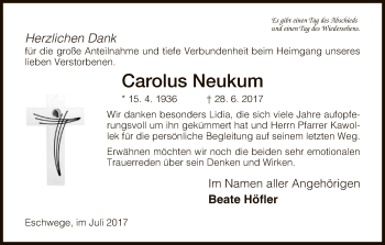 Traueranzeige von Carolus Neukum von Eschwege