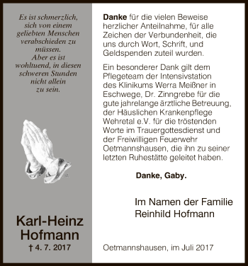 Traueranzeige von Karl-Heinz Hofmann von Eschwege