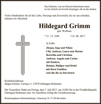 Traueranzeige von Hildegard Grimm von Eschwege