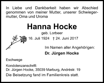 Traueranzeige von Hanna Hocke von Eschwege