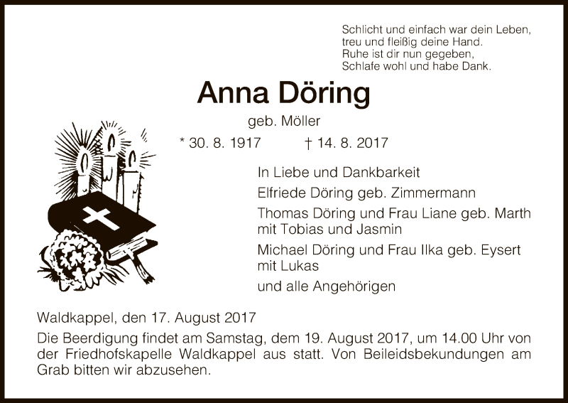  Traueranzeige für Anna Döring vom 17.08.2017 aus Eschwege