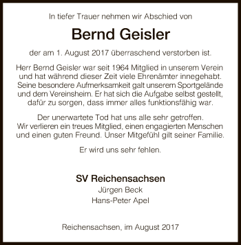 Traueranzeige von Bernd Geisler von Eschwege