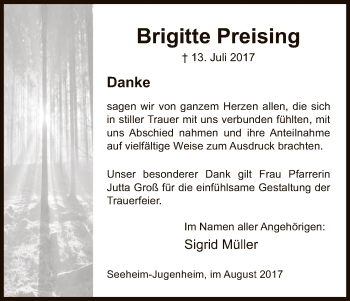 Traueranzeige von Brigitte Preising von Eschwege