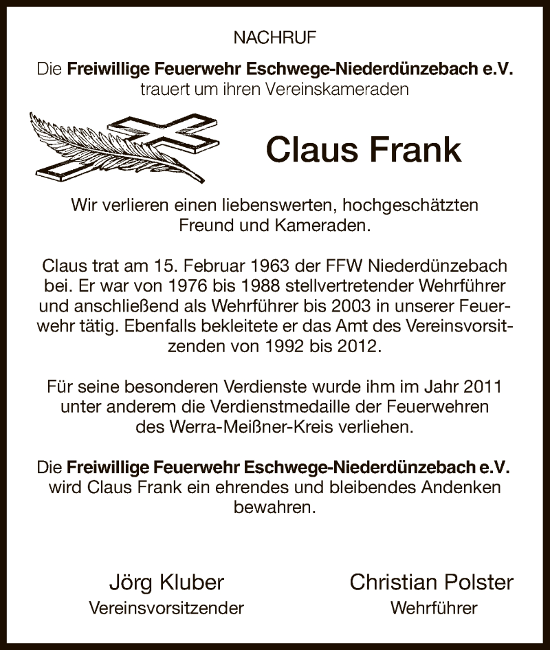  Traueranzeige für Claus Frank vom 18.08.2017 aus Eschwege
