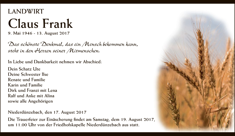  Traueranzeige für Claus Frank vom 17.08.2017 aus Eschwege