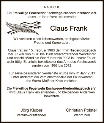 Traueranzeige von Claus Frank von Eschwege