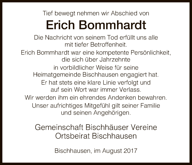 Traueranzeige für Erich Bommhardt vom 05.08.2017 aus Eschwege