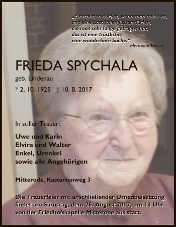 Traueranzeige von Frieda Spychala von Eschwege