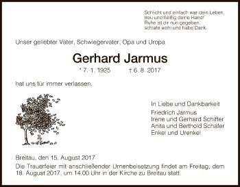 Traueranzeige von Gerhard Jarmus von Eschwege