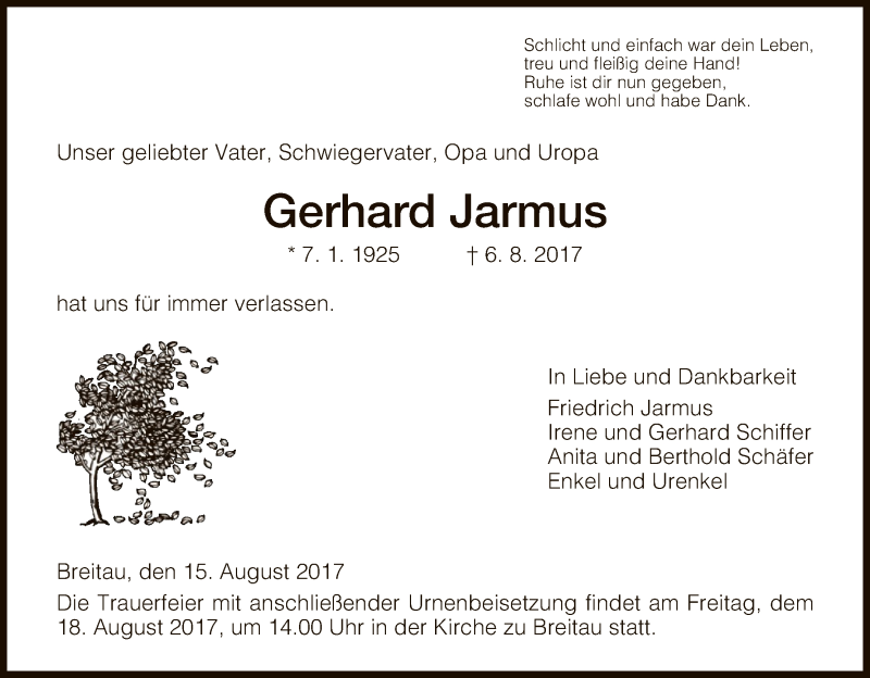 Traueranzeige für Gerhard Jarmus vom 15.08.2017 aus Eschwege