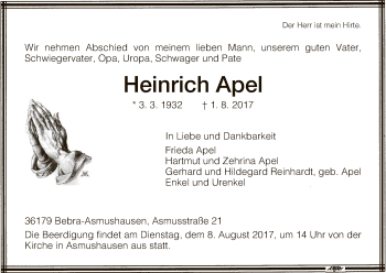 Traueranzeige von Heinrich Apel von Eschwege