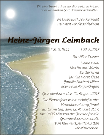 Traueranzeige von Heinz-Jürgen Leimbach von Eschwege