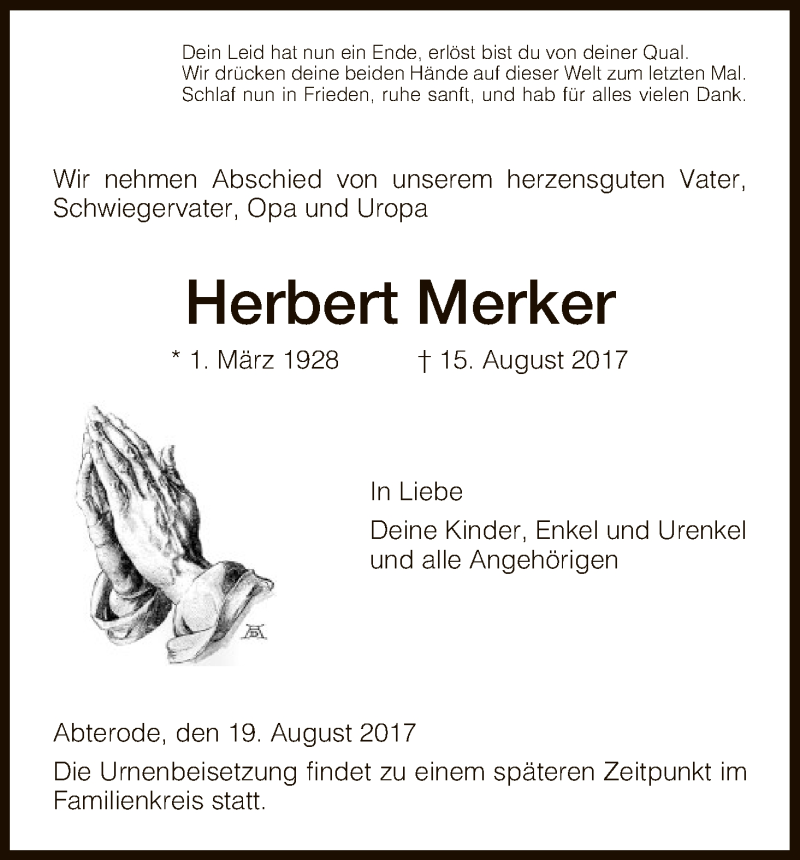  Traueranzeige für Herbert Merker vom 19.08.2017 aus Eschwege