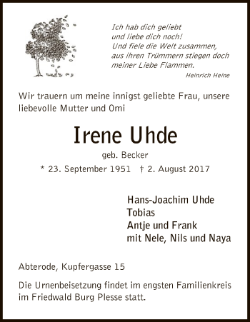 Traueranzeige von Irene Uhde von Eschwege