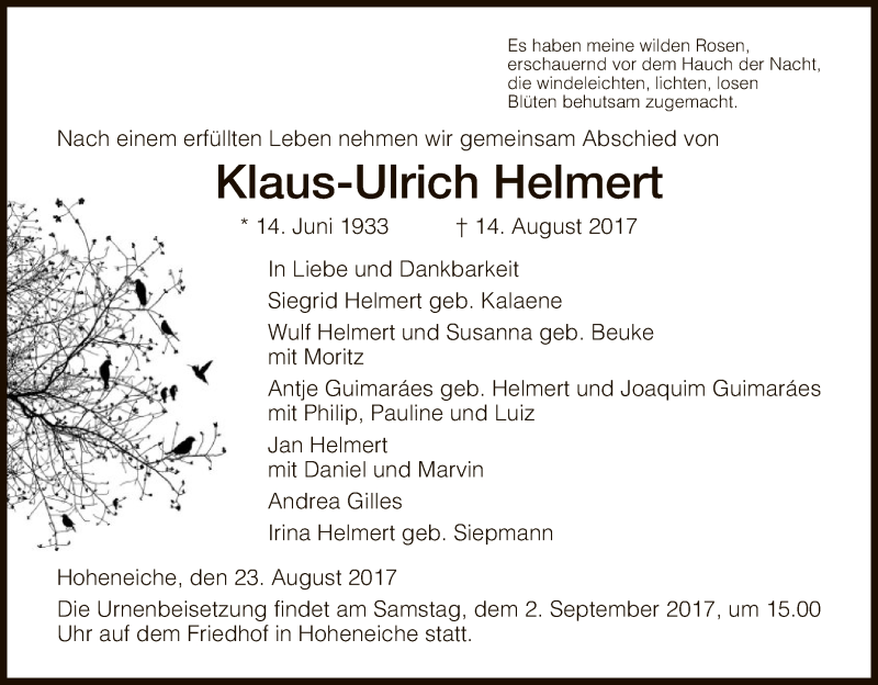  Traueranzeige für Klaus-Ulrich Helmert vom 23.08.2017 aus Eschwege
