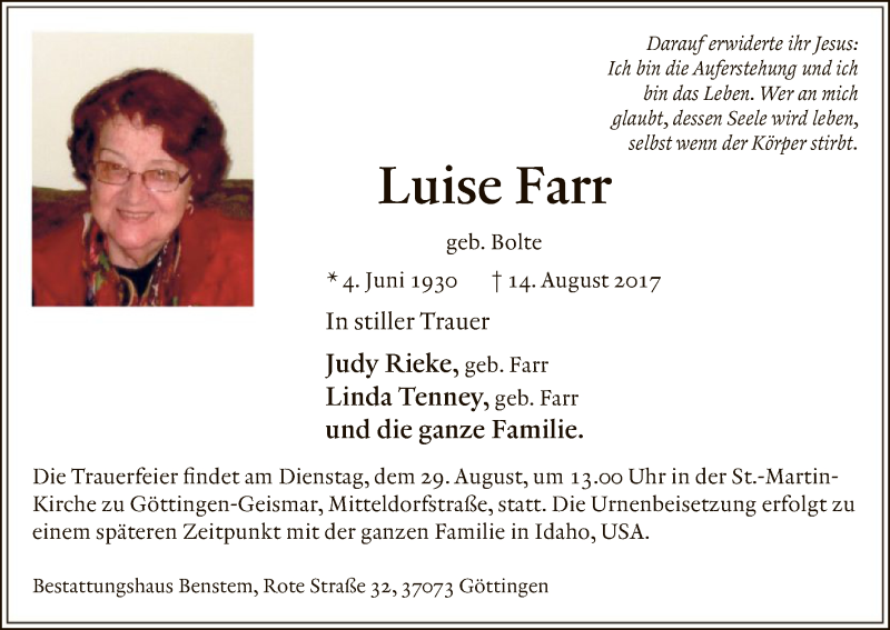 Traueranzeige für Luise Farr vom 19.08.2017 aus Eschwege