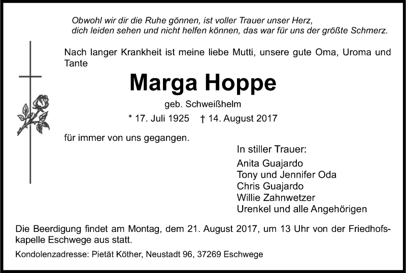  Traueranzeige für Marga Hoppe vom 16.08.2017 aus Eschwege