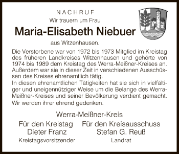 Traueranzeige von Maria-Elisabeth Niebuer von Eschwege