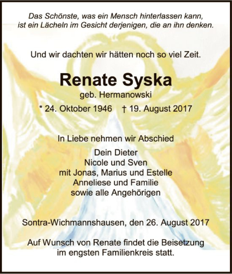  Traueranzeige für Renate Syska vom 26.08.2017 aus Eschwege