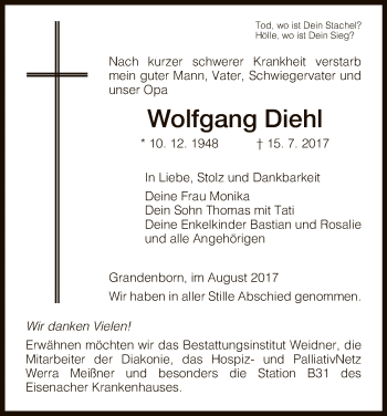 Traueranzeige von Wolfgang Diehl von Eschwege