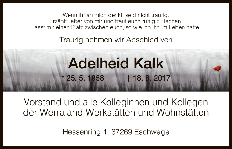  Traueranzeige für Adelheid Kalk vom 08.09.2017 aus Eschwege