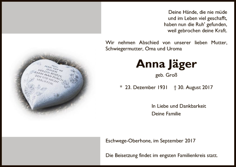  Traueranzeige für Anna Jäger vom 02.09.2017 aus Eschwege