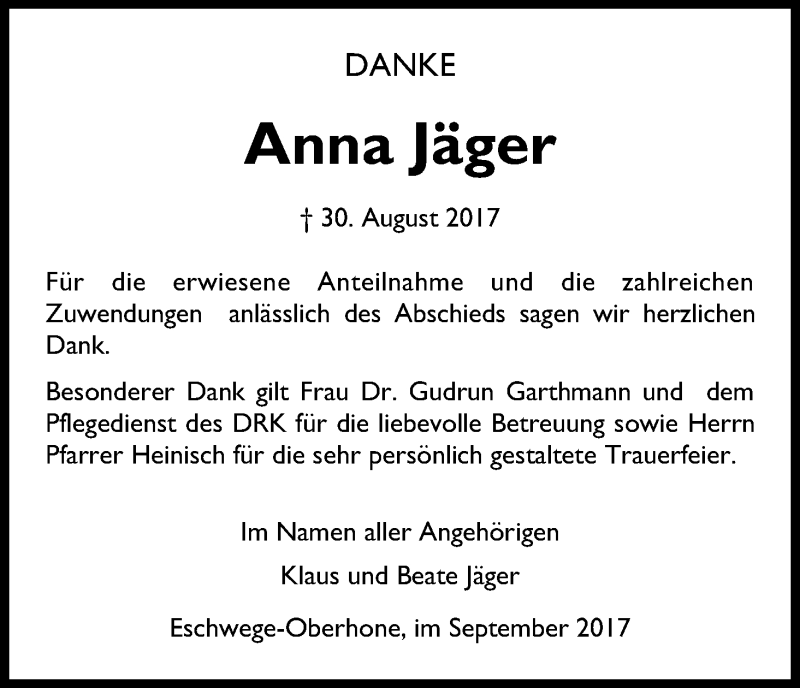  Traueranzeige für Anna Jäger vom 23.09.2017 aus Eschwege