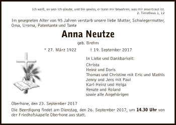 Traueranzeige von Anna Neutze von Eschwege