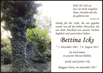 Traueranzeige von Bettina Icks von Eschwege