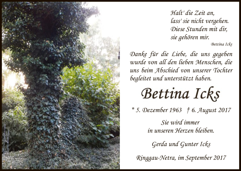  Traueranzeige für Bettina Icks vom 09.09.2017 aus Eschwege