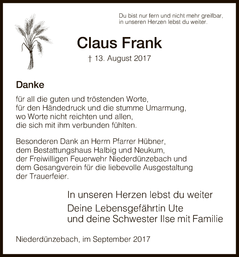  Traueranzeige für Claus Frank vom 02.09.2017 aus Eschwege