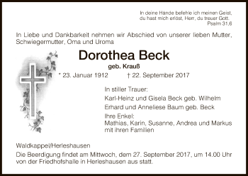 Traueranzeige von Dorothea Beck von Eschwege