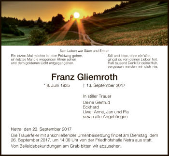 Traueranzeige von Franz Gliemroth von Eschwege