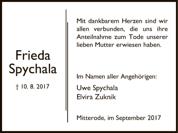 Traueranzeige von Frieda Spychala von Eschwege