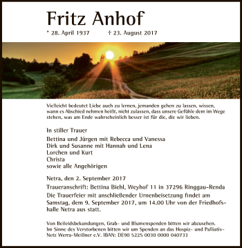 Traueranzeige von Fritz Anhof von Eschwege