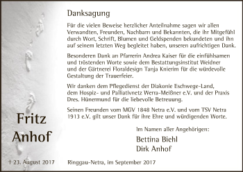 Traueranzeige von Fritz Anhof von Eschwege