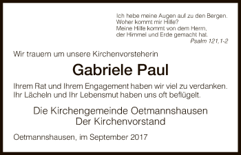 Traueranzeige von Gabriele Paul von Eschwege