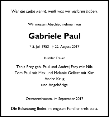 Traueranzeige von Gabriele Paul von Eschwege