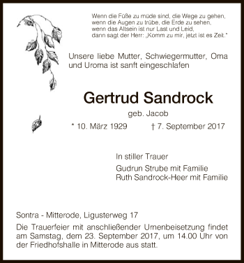 Traueranzeige von Gertrud Sandrock von Eschwege